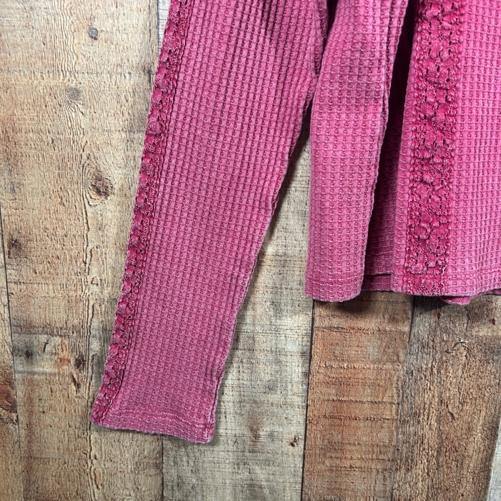 Rewind XL Waffle Knit Top Pink Lace Trim Boho Long Sleeve Oversized Mixed Media - Picture 3 of 6